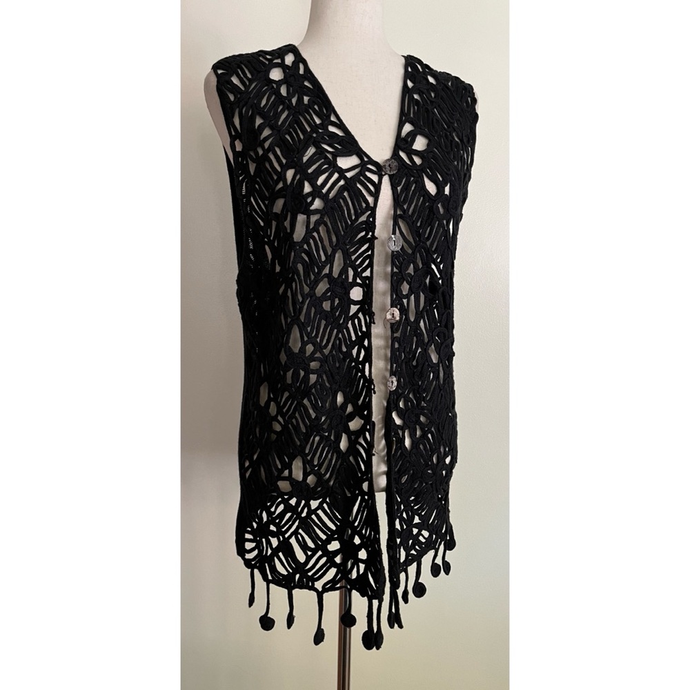 Vintage Black Open Knit Crochet Vest Fringe Hippie Festival Boho Size L